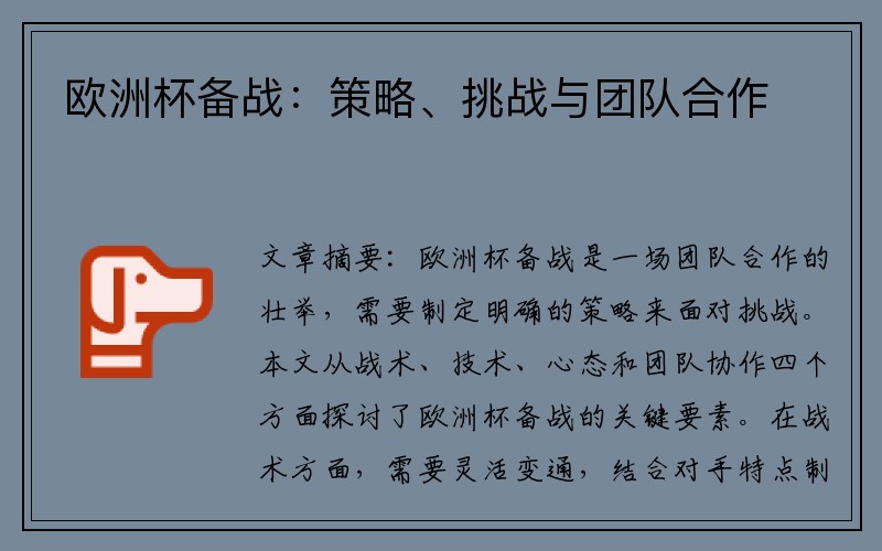 欧洲杯备战：策略、挑战与团队合作